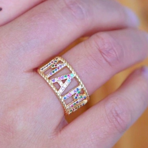 Gold Pave Rainbow Letter Ring - Picture 8 of 10